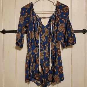 Harmony Womens Romper Tassel Floral Blue V-neck Flowy Size Medium
